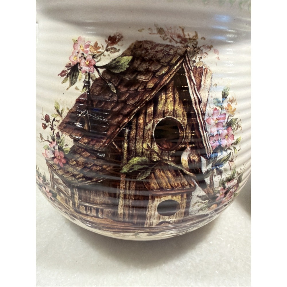 Set Of 2 Green Speckled Canisters- Textured-Birdhouse W/Florals- Beautiful OLA - Picture 2 of 8